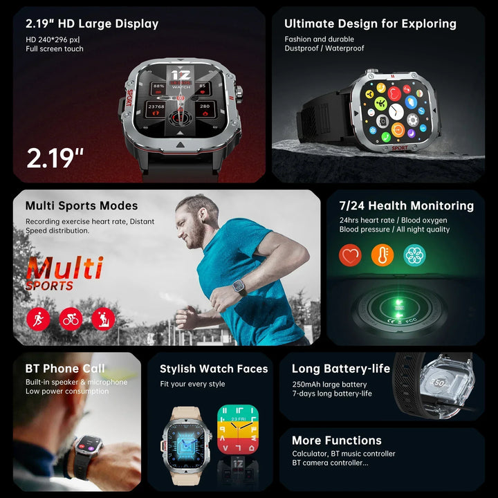 Outdoor Smart Watch Men 2.19" Screen 3AT Waterproof Watches Bluetooth Call Ai Voice Sport Smartwatch For Android Xiaomi IOS